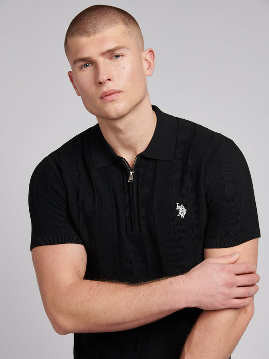 Mens Zip Knit  Polo Shirt in Black Bright White DHM