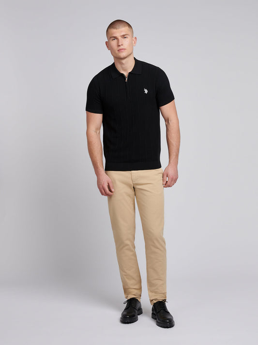 Mens Zip Knit  Polo Shirt in Black Bright White DHM