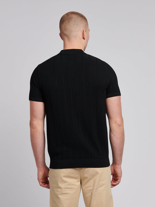 Mens Zip Knit  Polo Shirt in Black Bright White DHM
