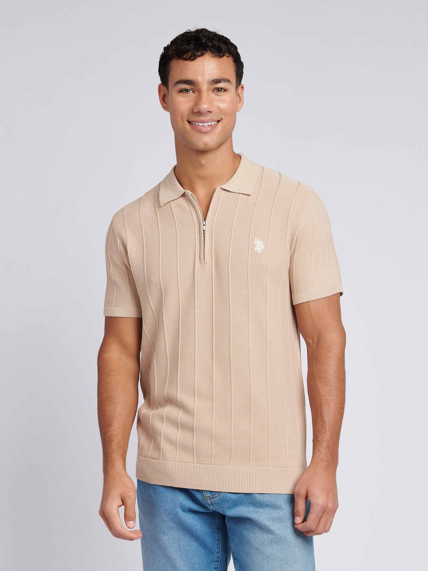 Mens Zip Knit  Polo Shirt in Doeskin