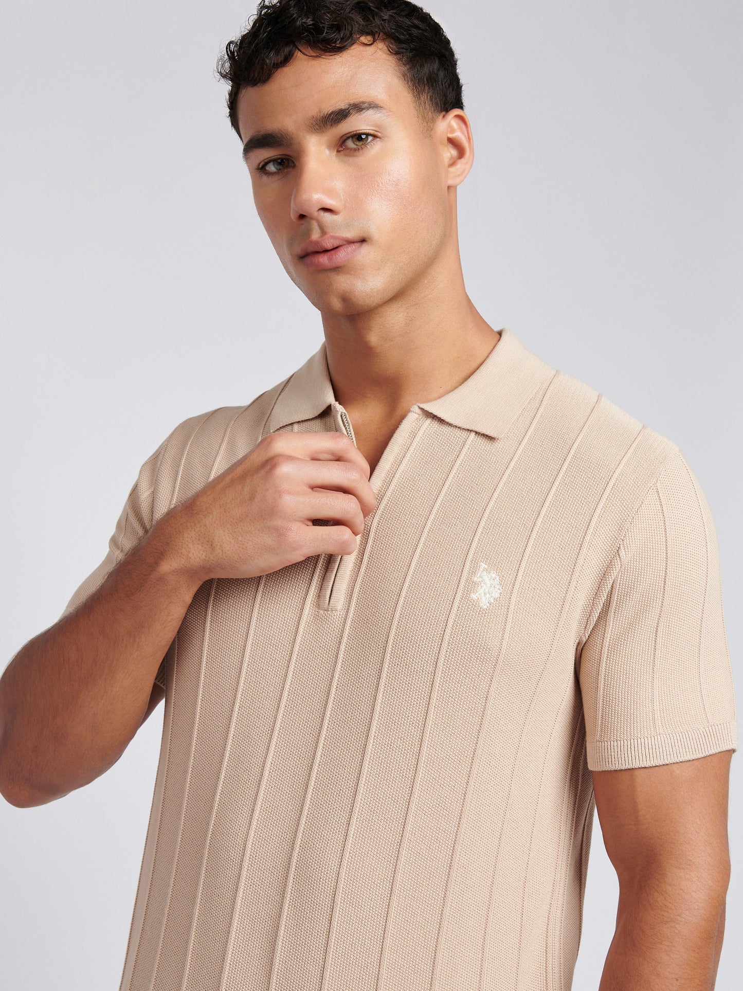 Mens Zip Knit  Polo Shirt in Doeskin