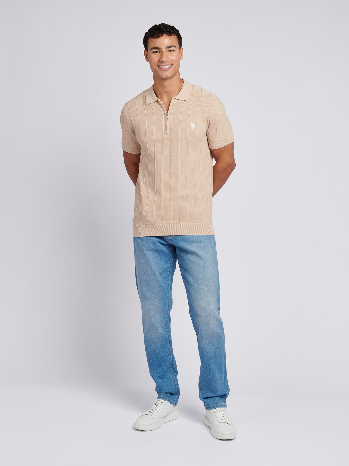 Mens Zip Knit  Polo Shirt in Doeskin