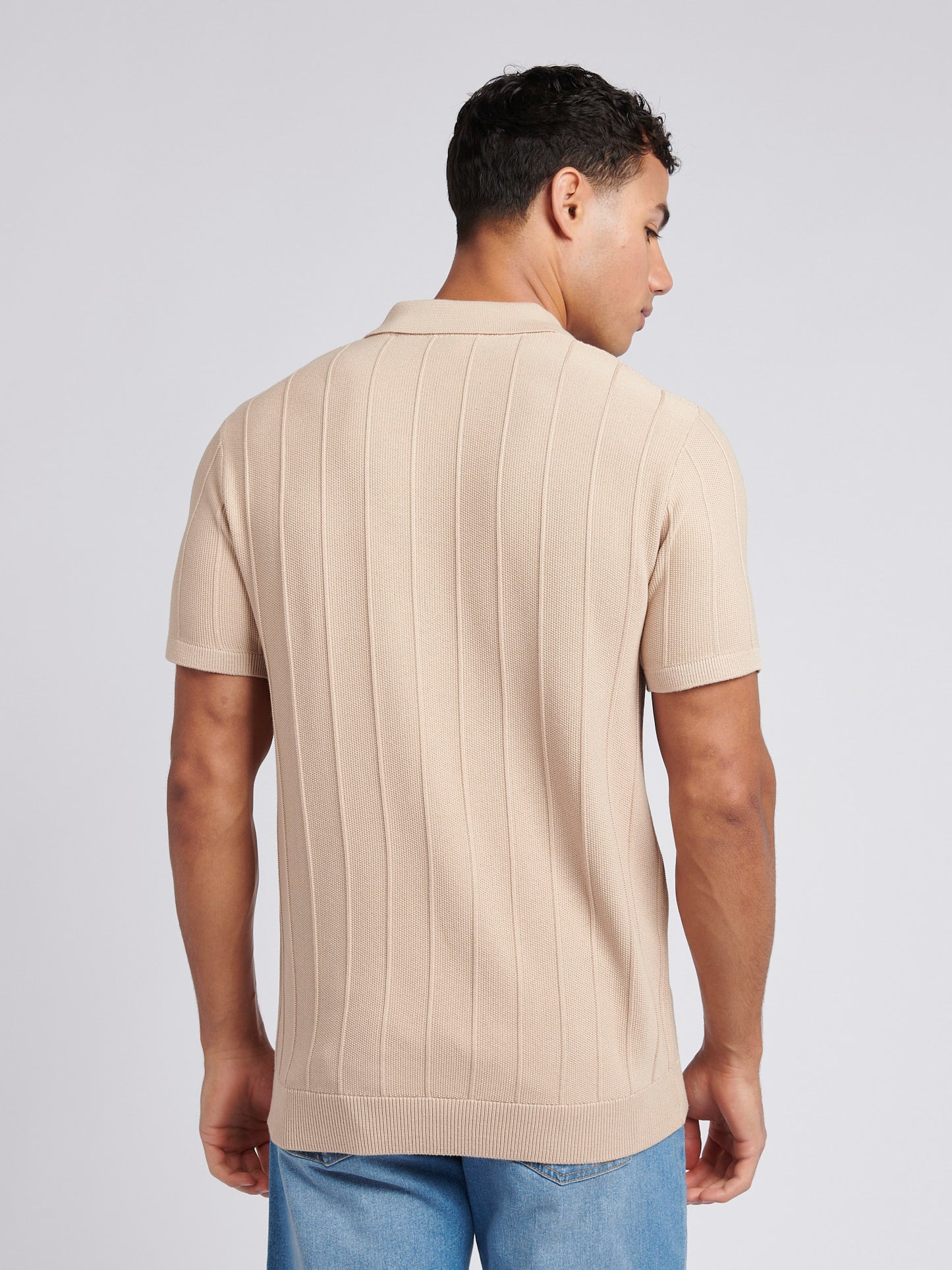 Mens Zip Knit  Polo Shirt in Doeskin