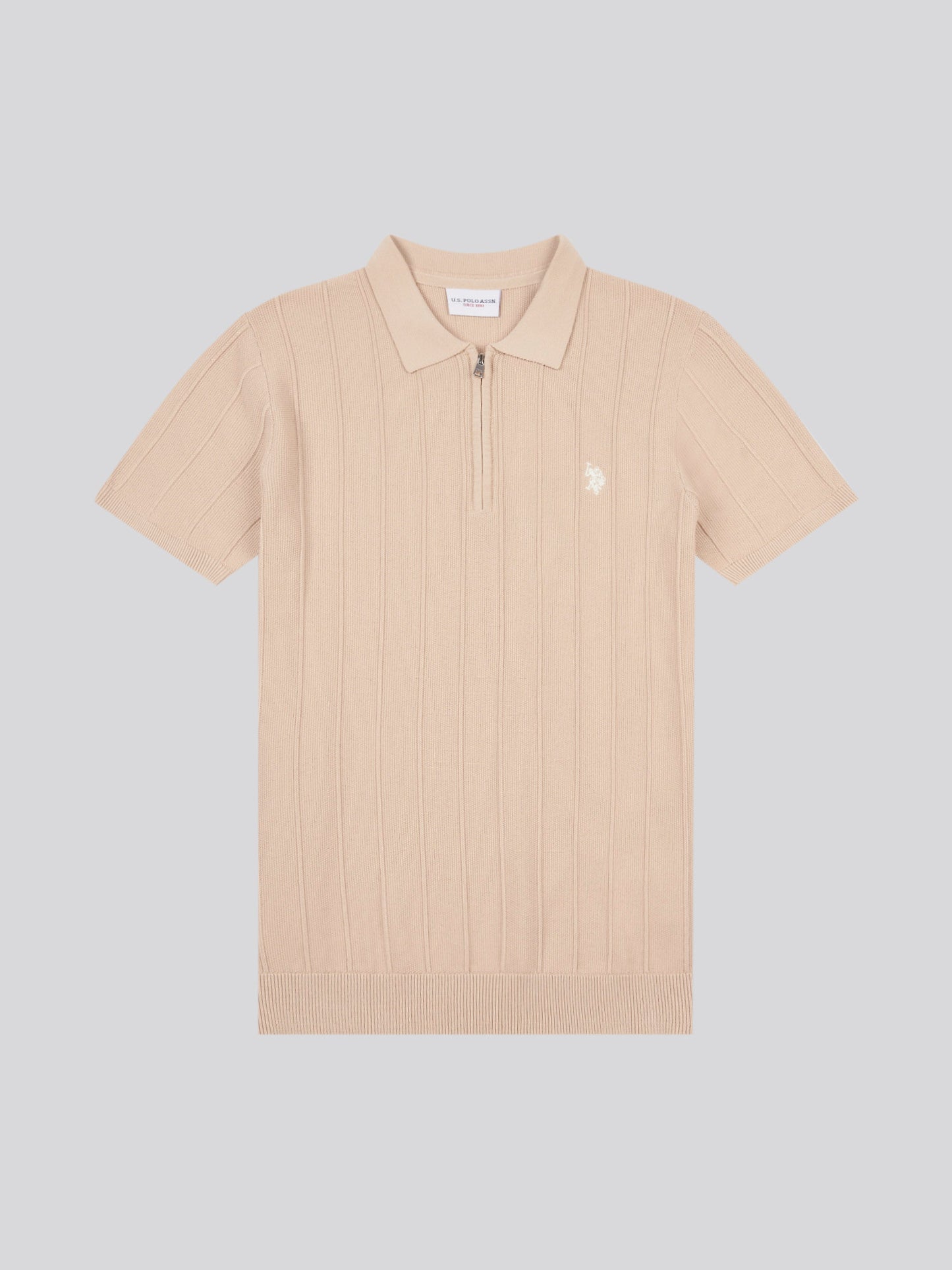 Mens Zip Knit  Polo Shirt in Doeskin
