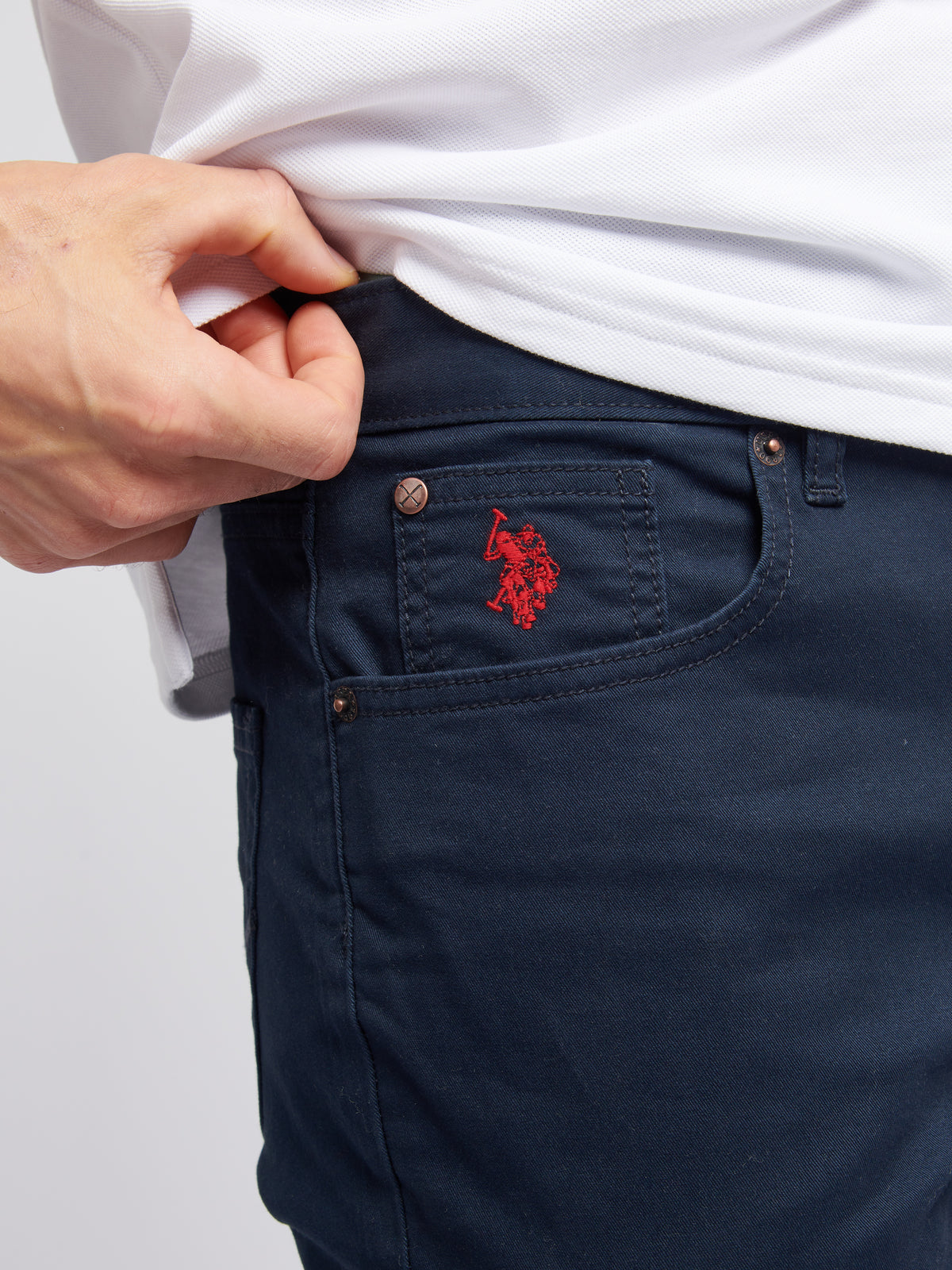 Mens 5 Pocket Trouser in Dark Sapphire Navy / Haute Red DHM