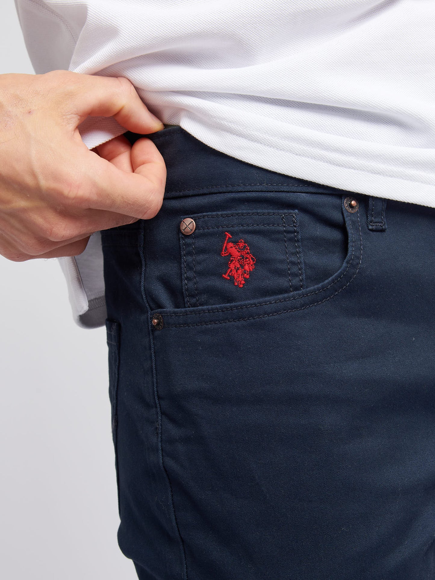 Mens Core 5 Pocket Trouser in Dark Sapphire Navy / Haute Red DHM