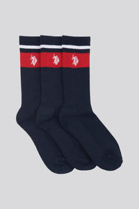 Mens Three Pack Brand Stripe Sports Socks in Dark Sapphire Navy