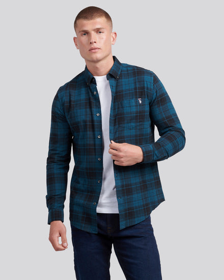 Mens Peached Oxford Check Shirt in Black