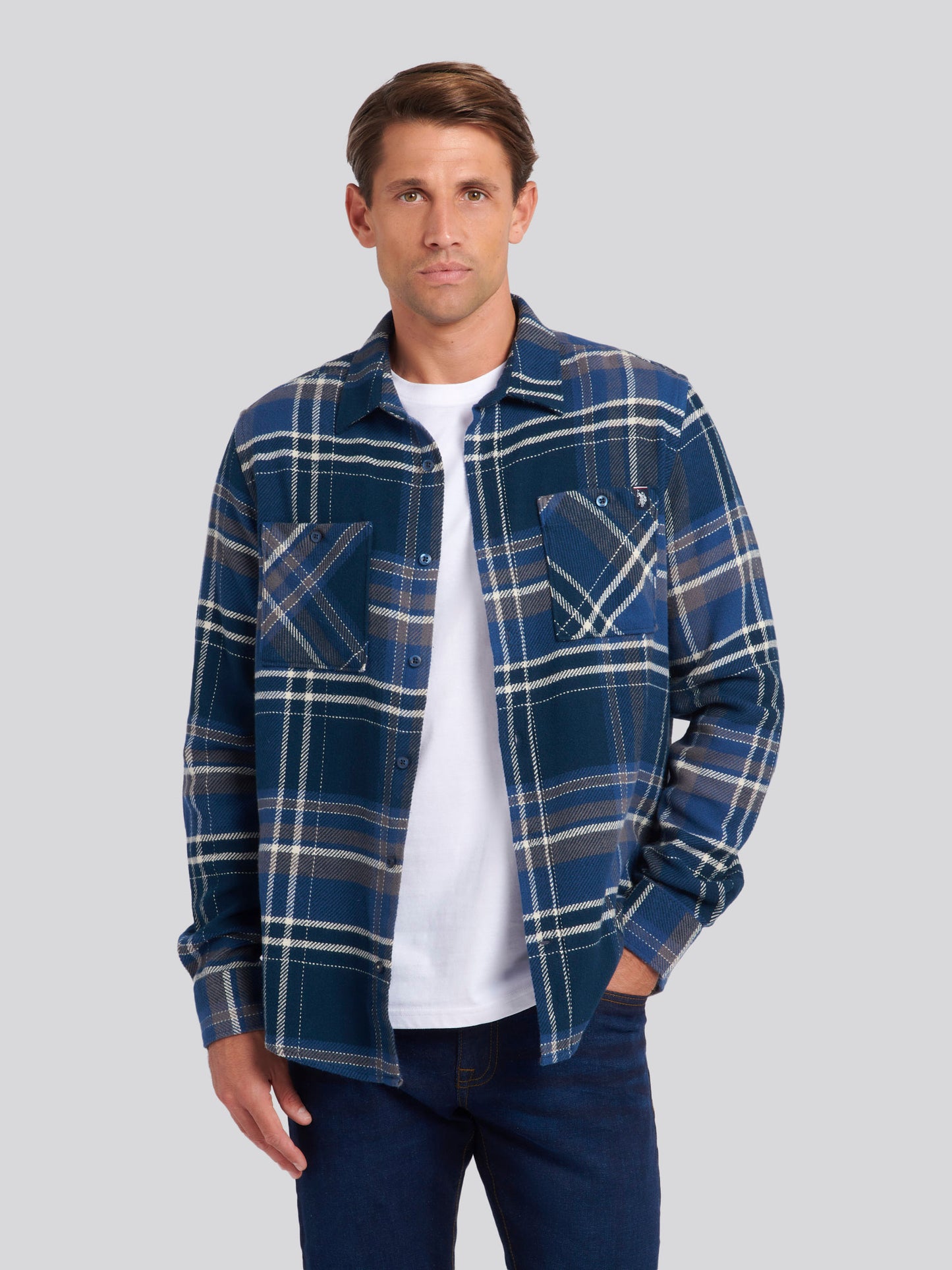 Mens Brushed Twill Check Overshirt in Total Eclipse