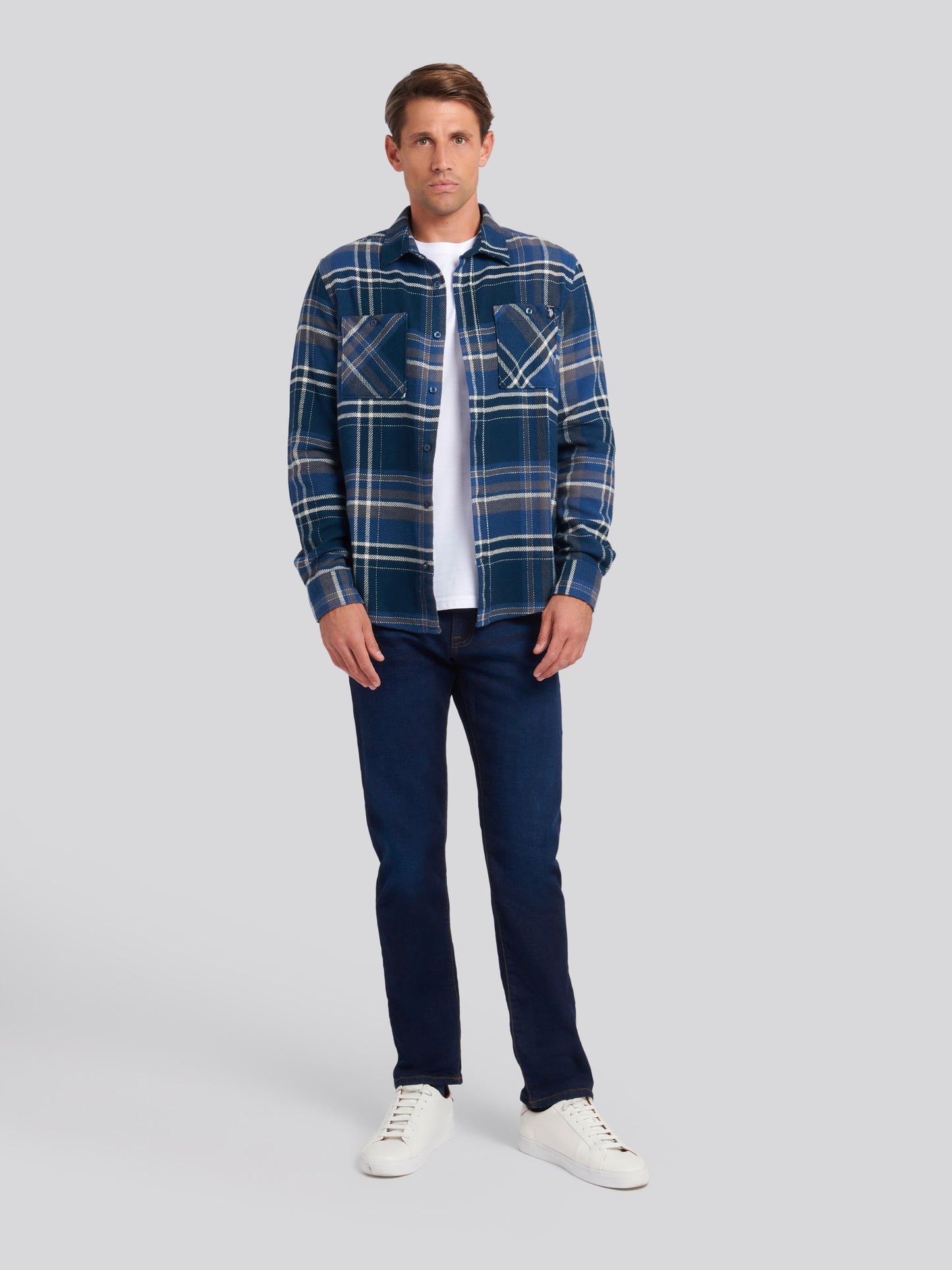 Mens Brushed Twill Check Overshirt in Total Eclipse