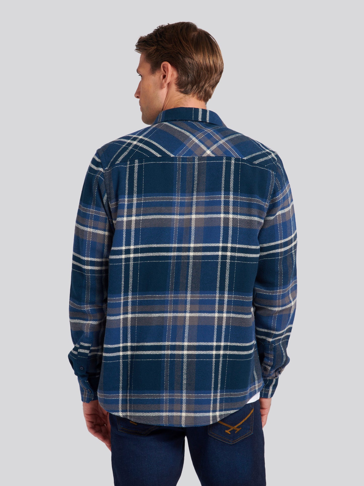 Mens Brushed Twill Check Overshirt in Total Eclipse