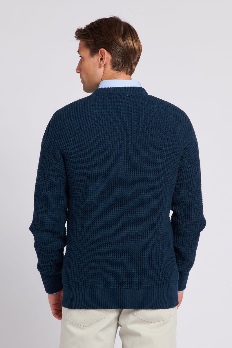 Mens Waffle Knit Crew Neck Jumper in Total Eclipse