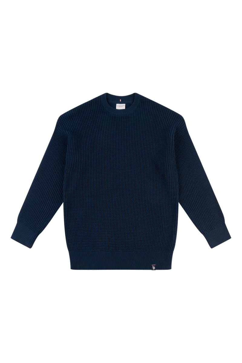 Mens Waffle Knit Crew Neck Jumper in Total Eclipse