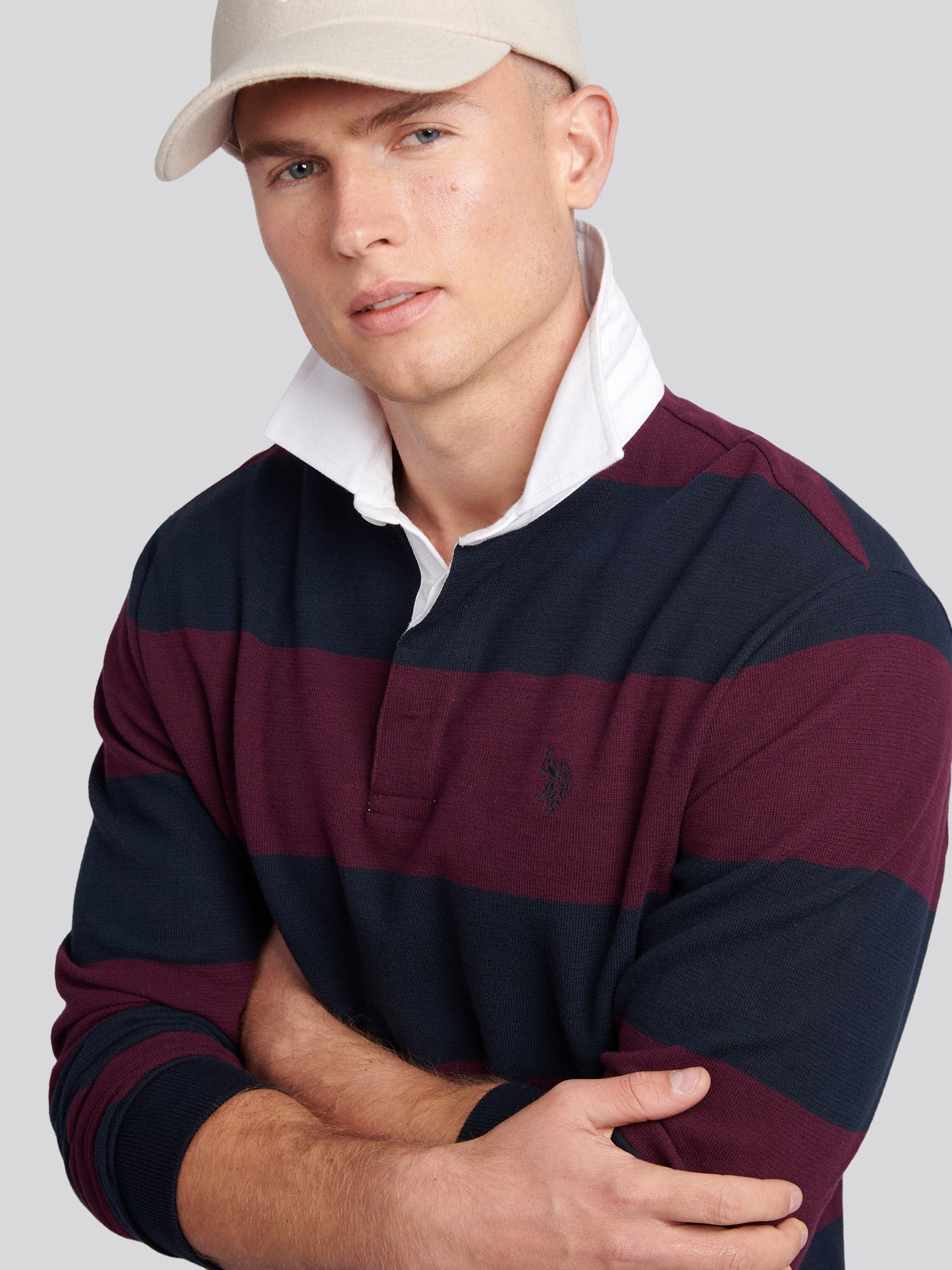 Mens Textured Stripe Rugby in Grape Wine