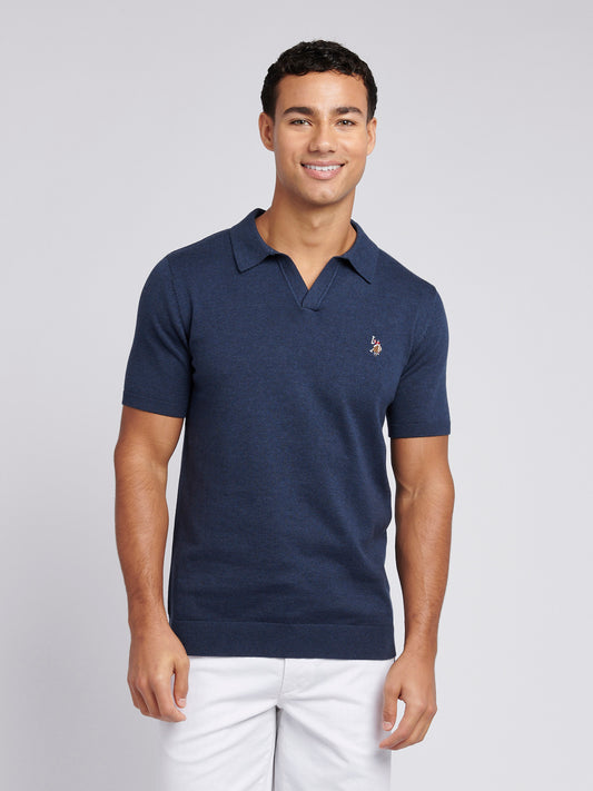 Mens Combed Cotton Revere Polo Shirt in Denim Blue Marl / Multicoloured DHM