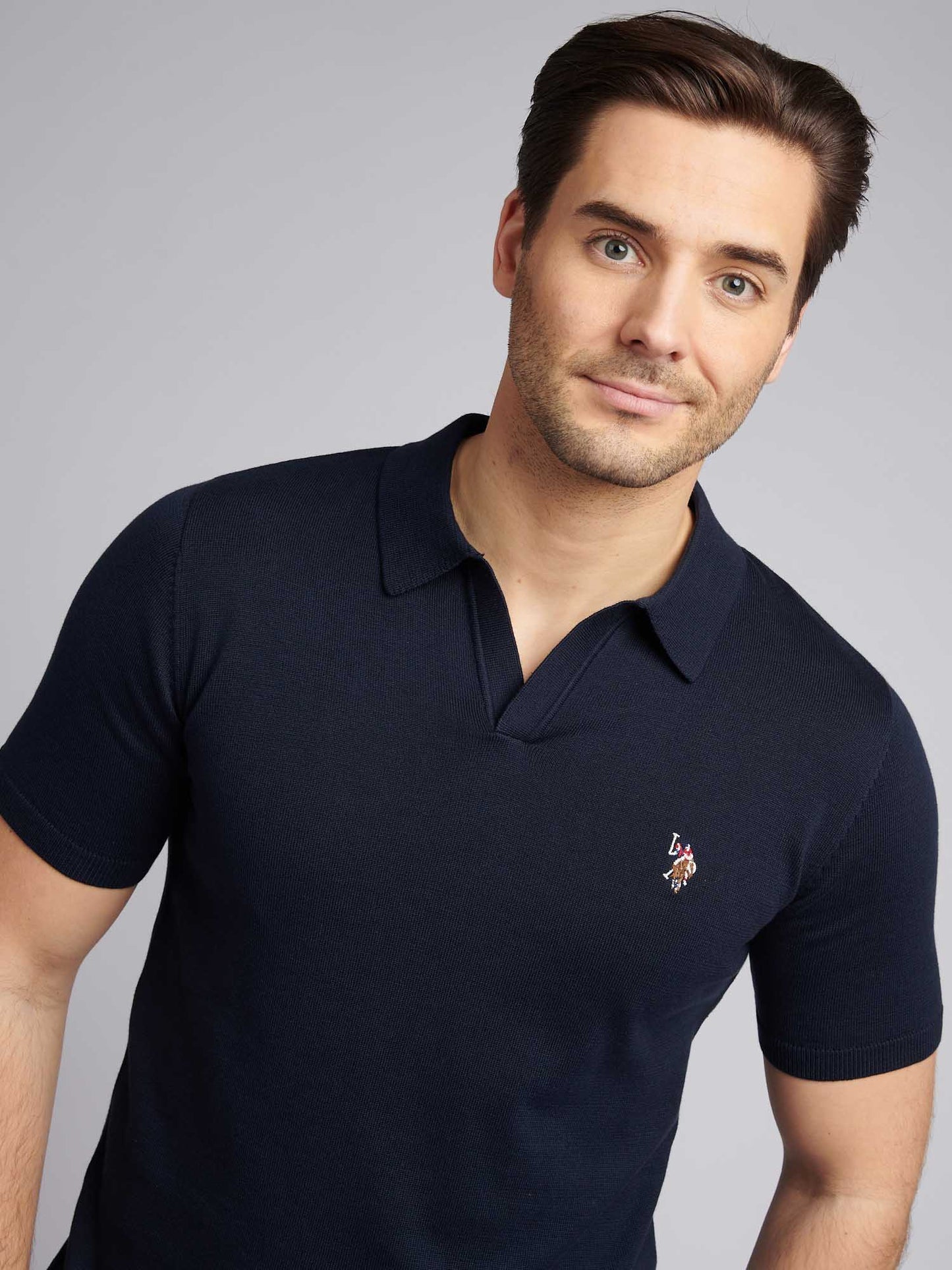 Mens Combed Cotton Revere Polo Shirt in Dark Sapphire Navy / Multi Coloured DHM