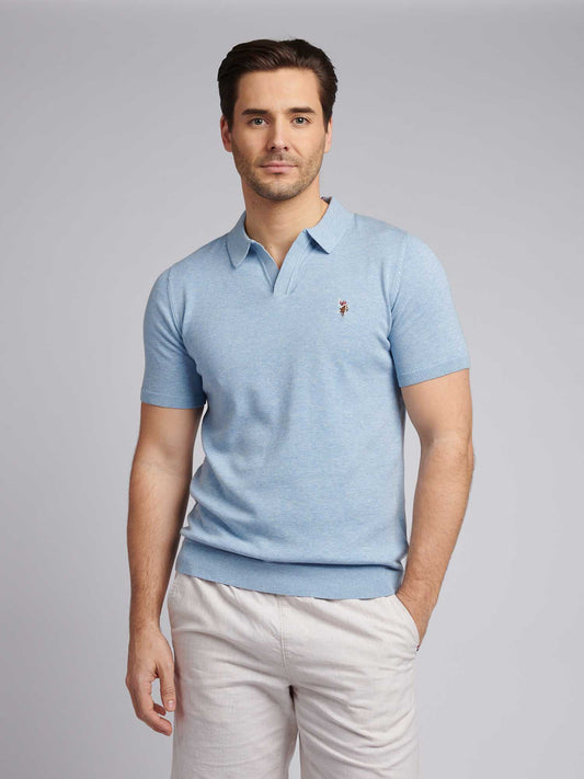 Mens Combed Cotton Revere Polo Shirt in Parisian Blue Marl / Multi Coloured DHM