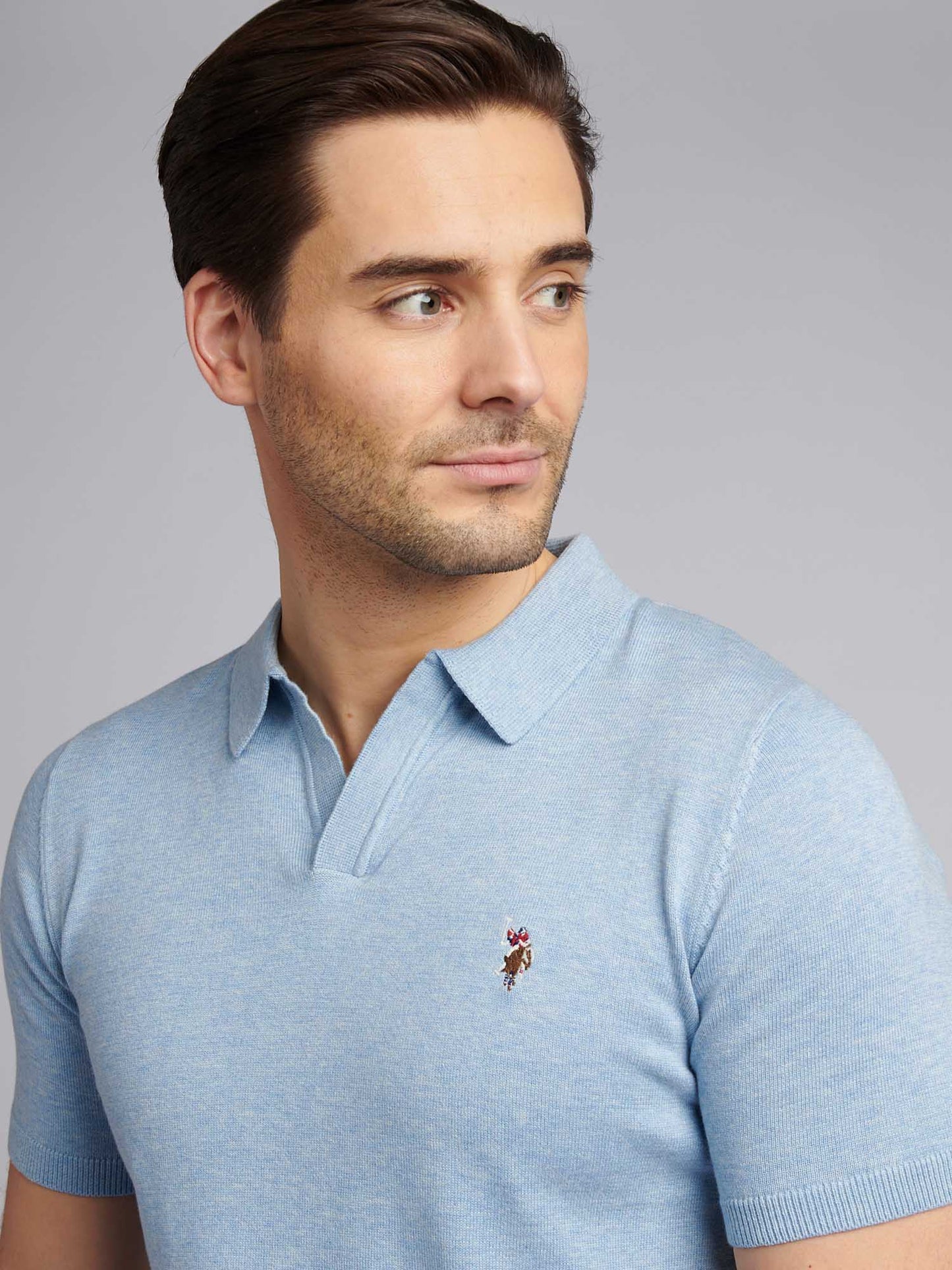 Mens Combed Cotton Revere Polo Shirt in Parisian Blue Marl / Multi Coloured DHM