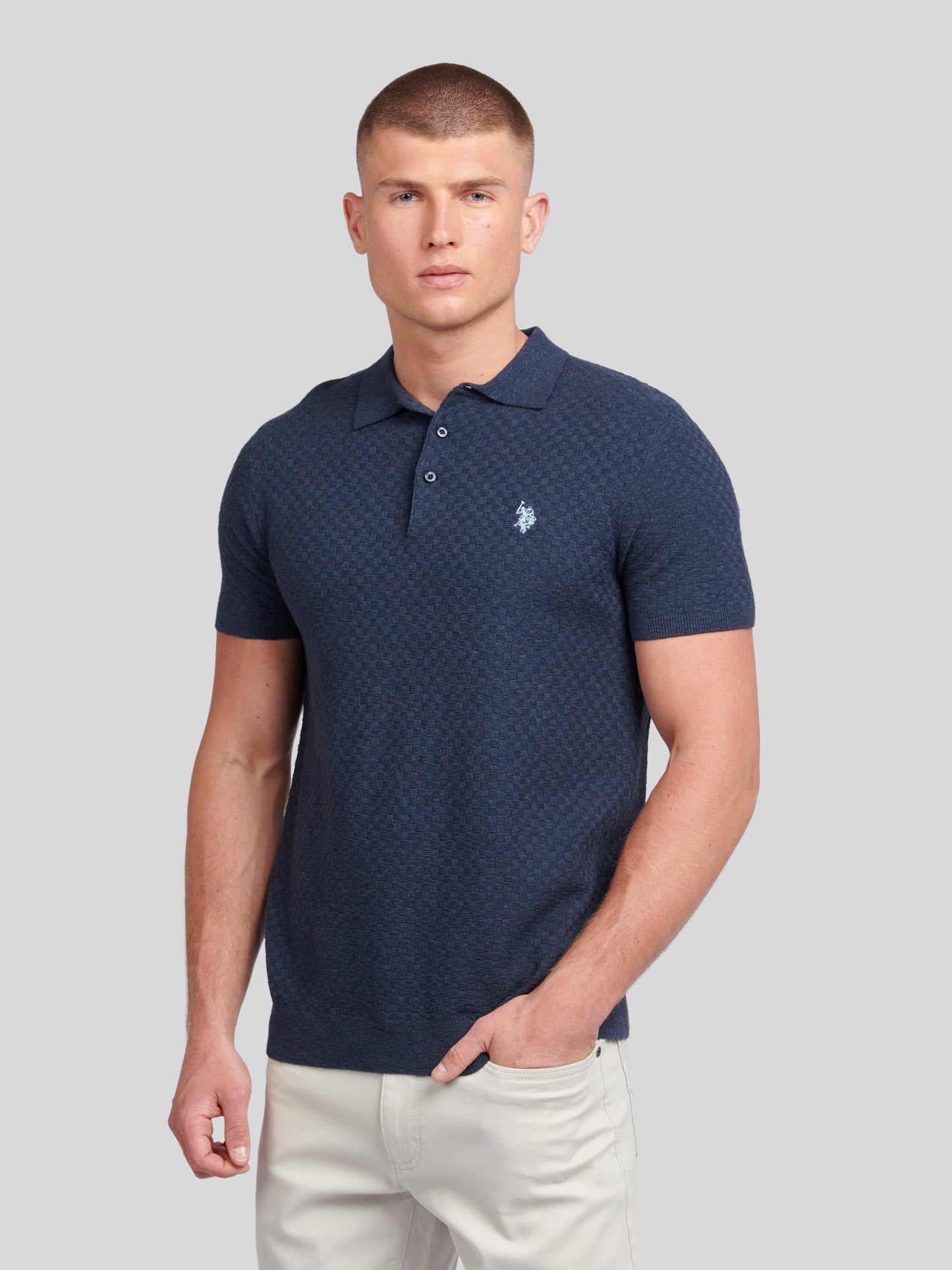 Mens Regular Fit Texture Knit Polo Shirt in Dark Sapphire Navy Marl