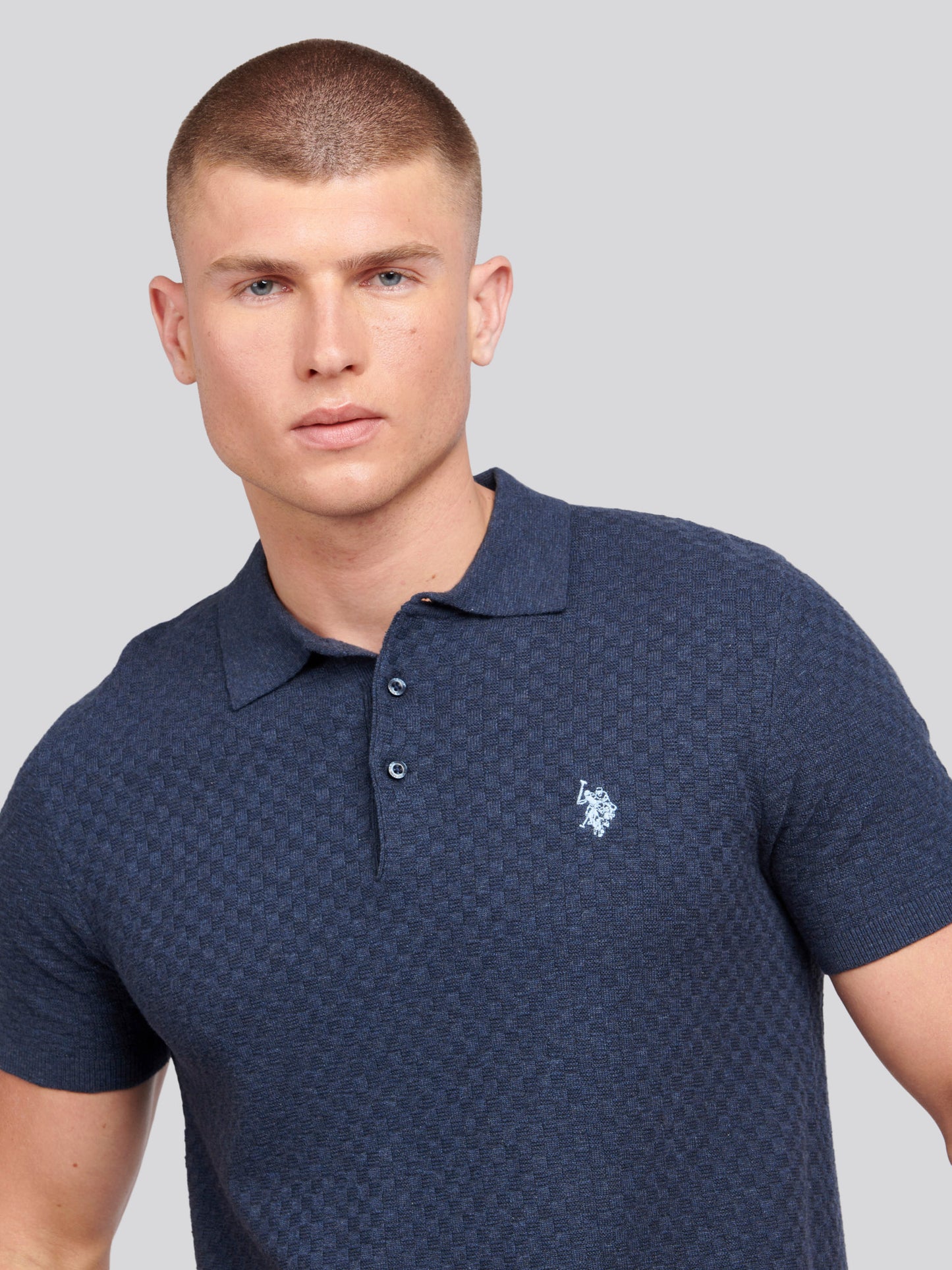 Mens Regular Fit Texture Knit Polo Shirt in Dark Sapphire Navy Marl
