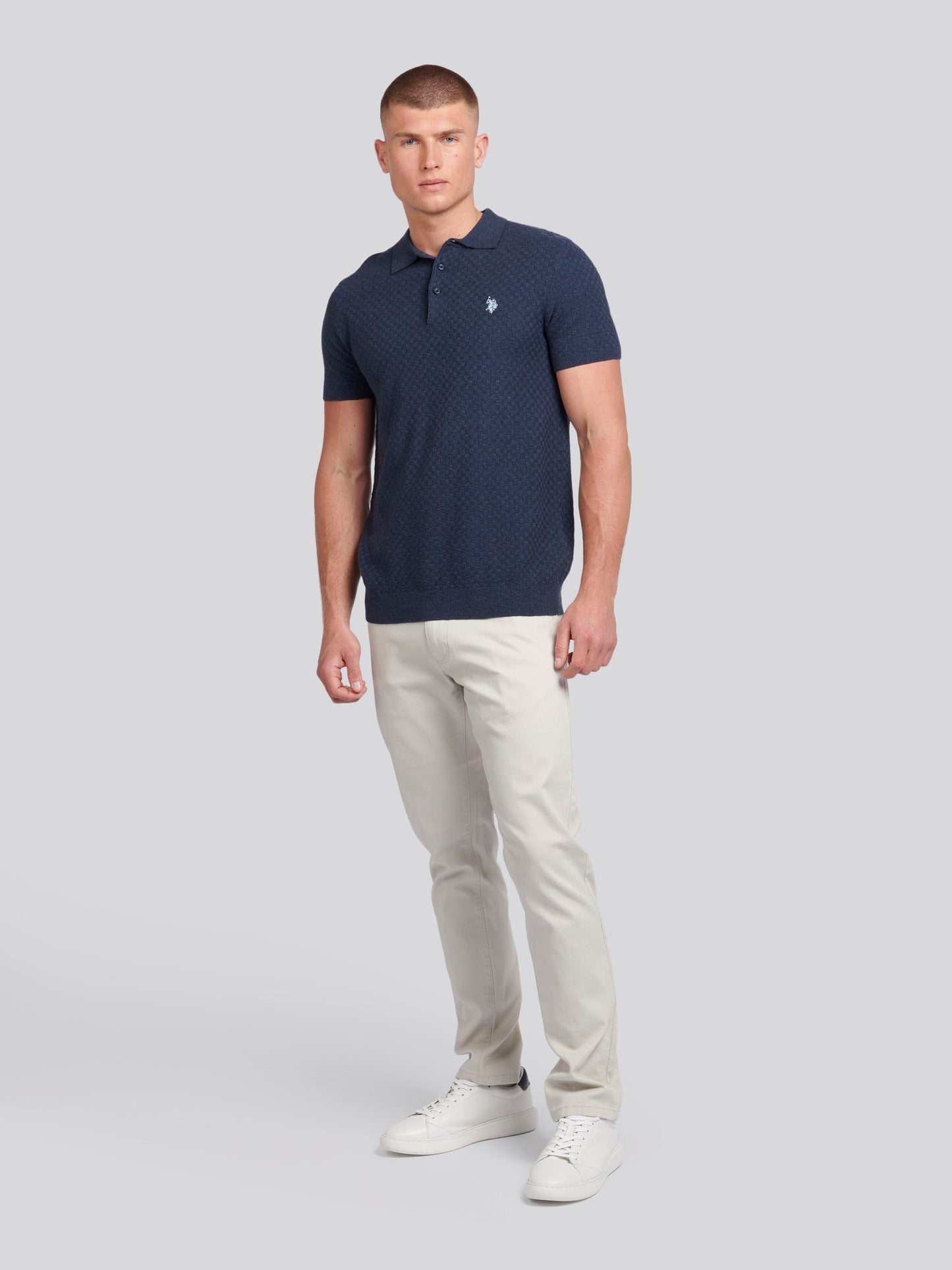 Mens Regular Fit Texture Knit Polo Shirt in Dark Sapphire Navy Marl