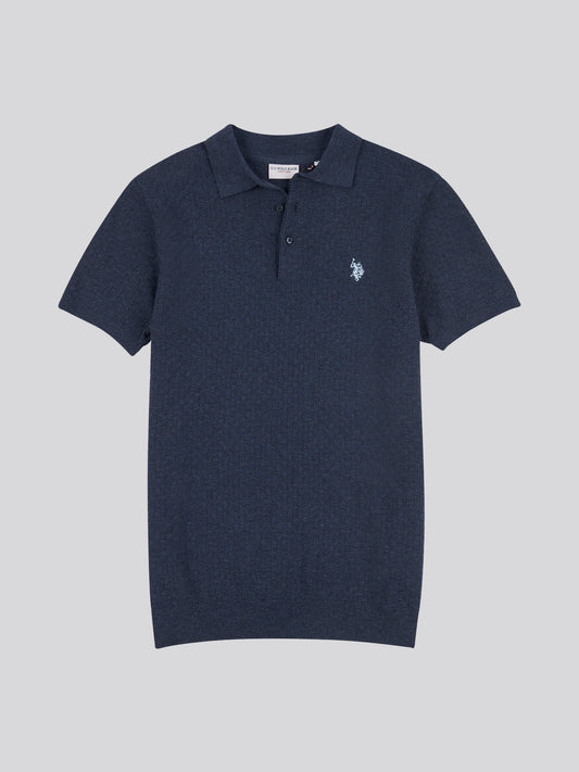 Mens Regular Fit Texture Knit Polo Shirt in Dark Sapphire Navy Marl