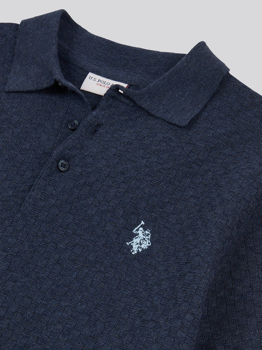 Mens Regular Fit Texture Knit Polo Shirt in Dark Sapphire Navy Marl