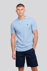Mens Regular Fit Revere Texture Knit Polo Shirt in Parisian Blue Marl