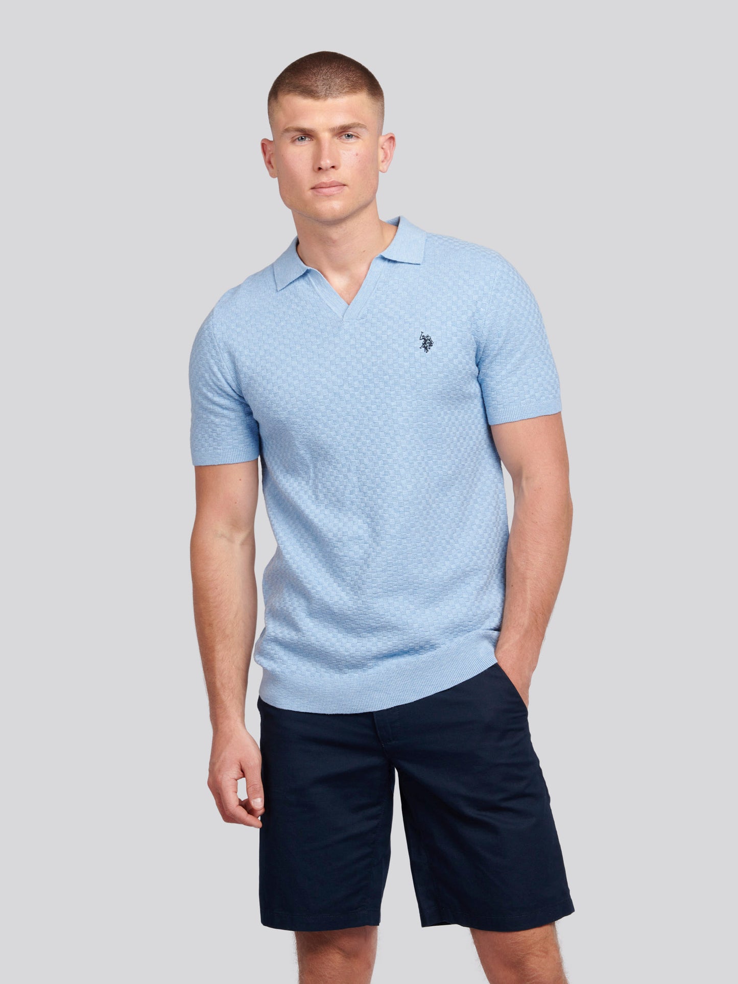 Mens Regular Fit Revere Texture Knit Polo Shirt in Parisian Blue Marl