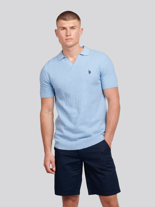Mens Regular Fit Revere Texture Knit Polo Shirt in Parisian Blue Marl