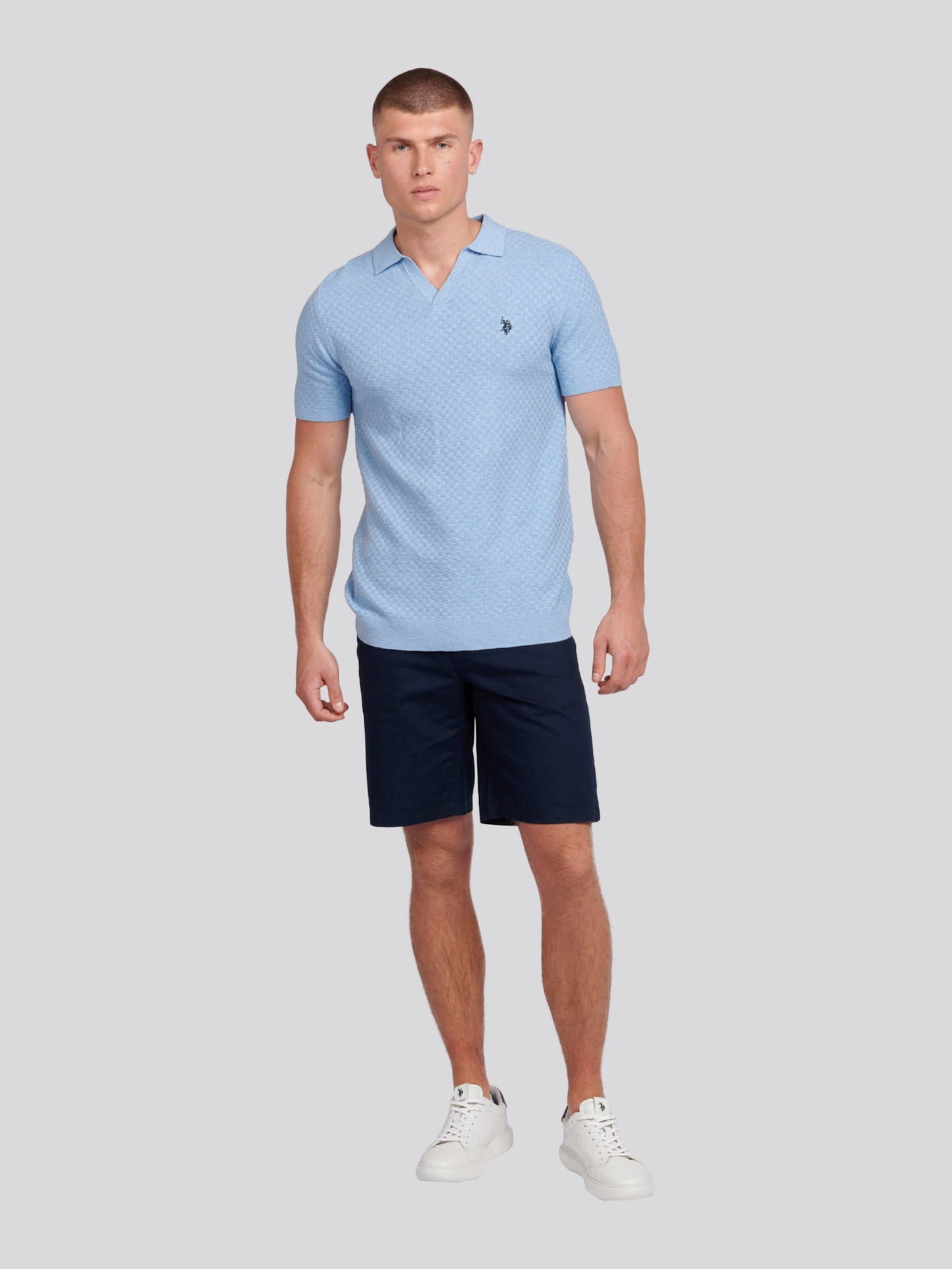 Mens Regular Fit Revere Texture Knit Polo Shirt in Parisian Blue Marl