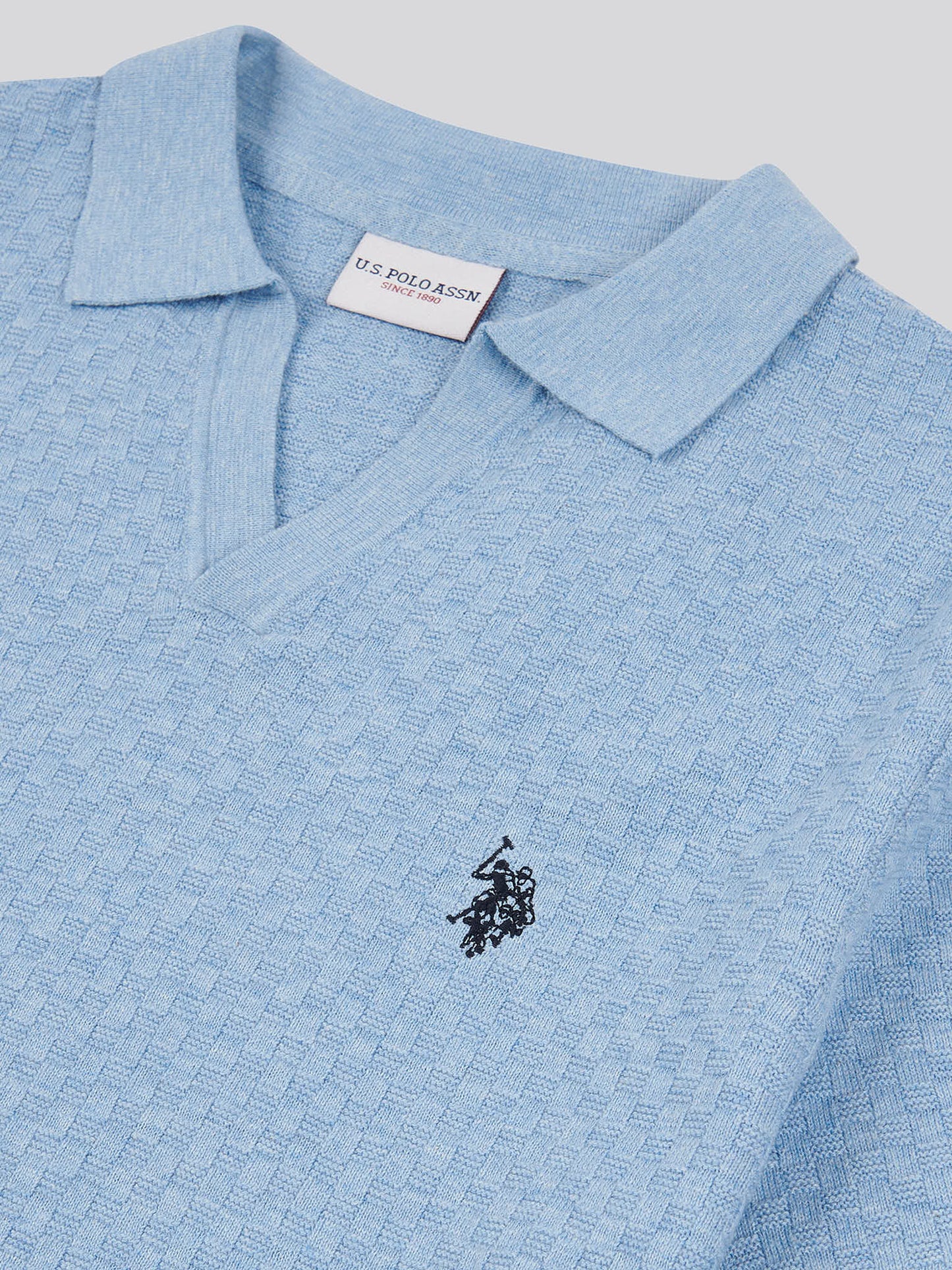 Mens Regular Fit Revere Texture Knit Polo Shirt in Parisian Blue Marl