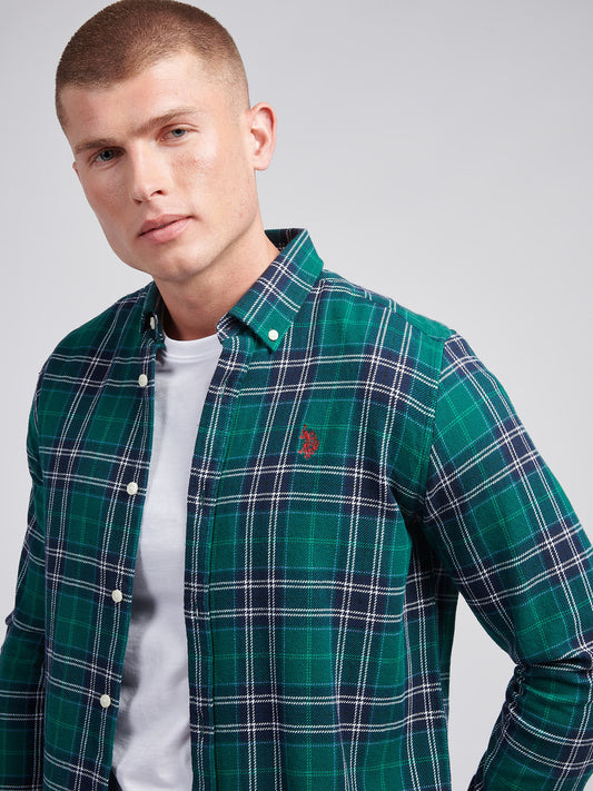 Mens Brushed Flannel Heavyweight Check Shirt in Rain Forest