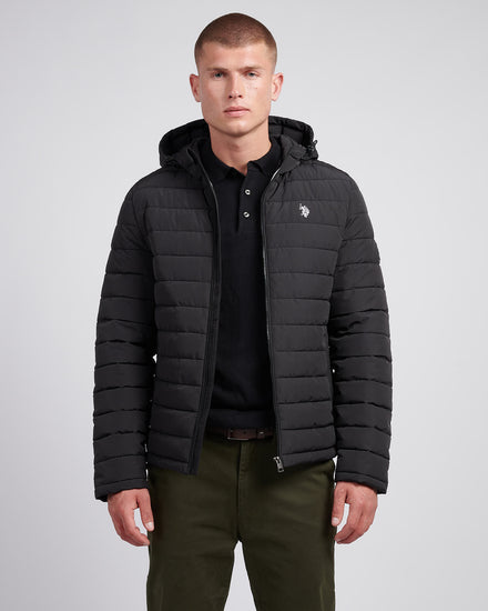Mens Lightweight Quilt Hooded Puffer Jacket in Black