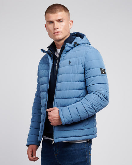 Mens Lightweight Quilt Hooded Puffer Jacket in Blue Horizon