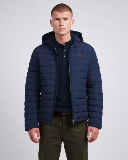 Mens Lightweight Quilt Hooded Puffer Jacket in Dark Sapphire Navy