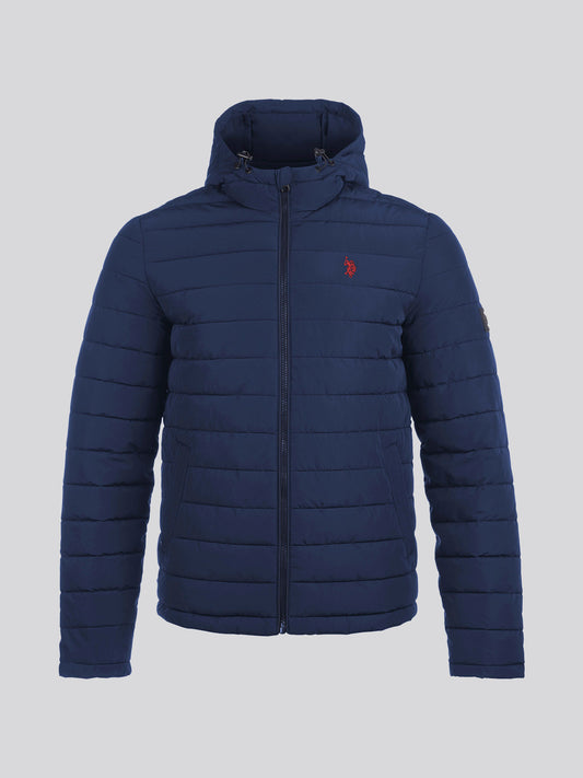 Mens Lightweight Quilt Hooded Puffer Jacket in Dark Sapphire Navy