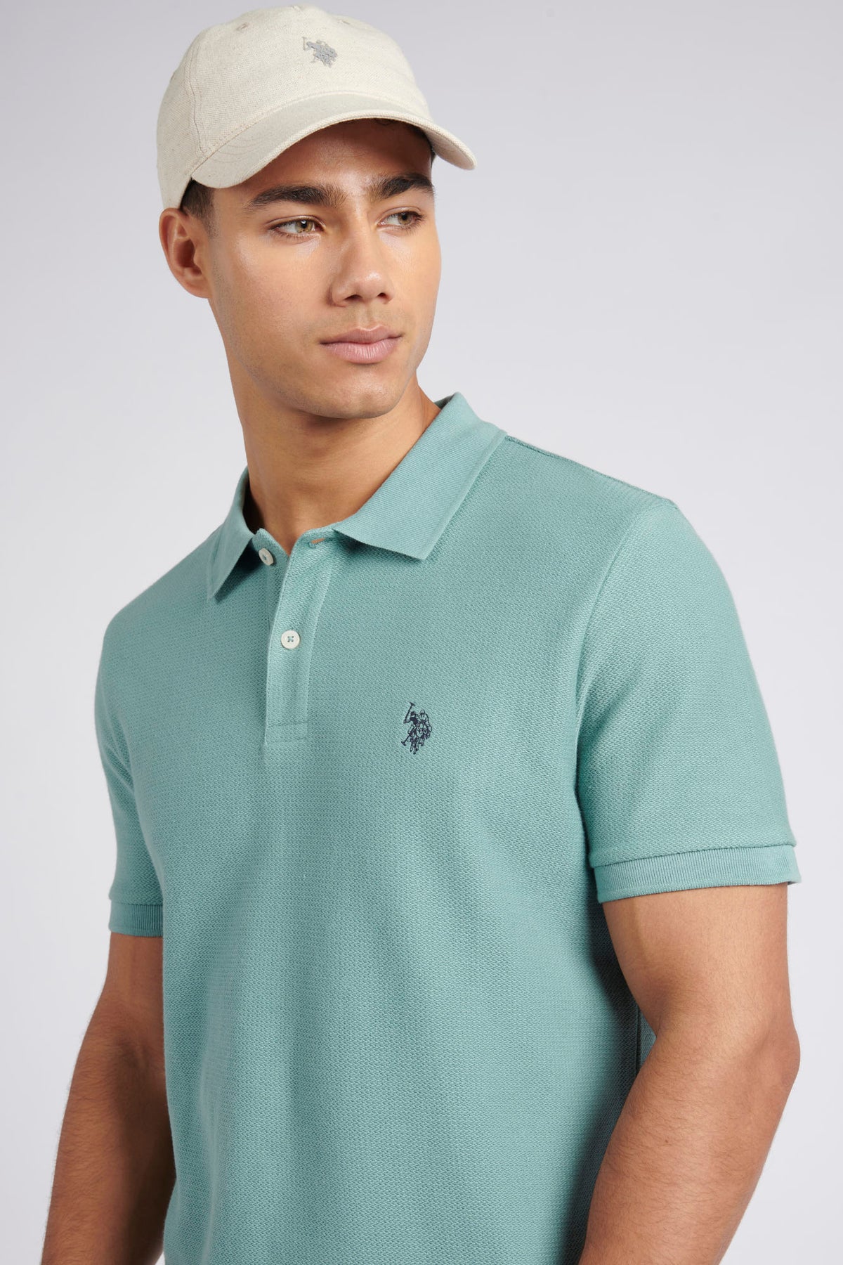 Mens Regular Fit Texture Herringbone Polo Shirt in Mineral Blue