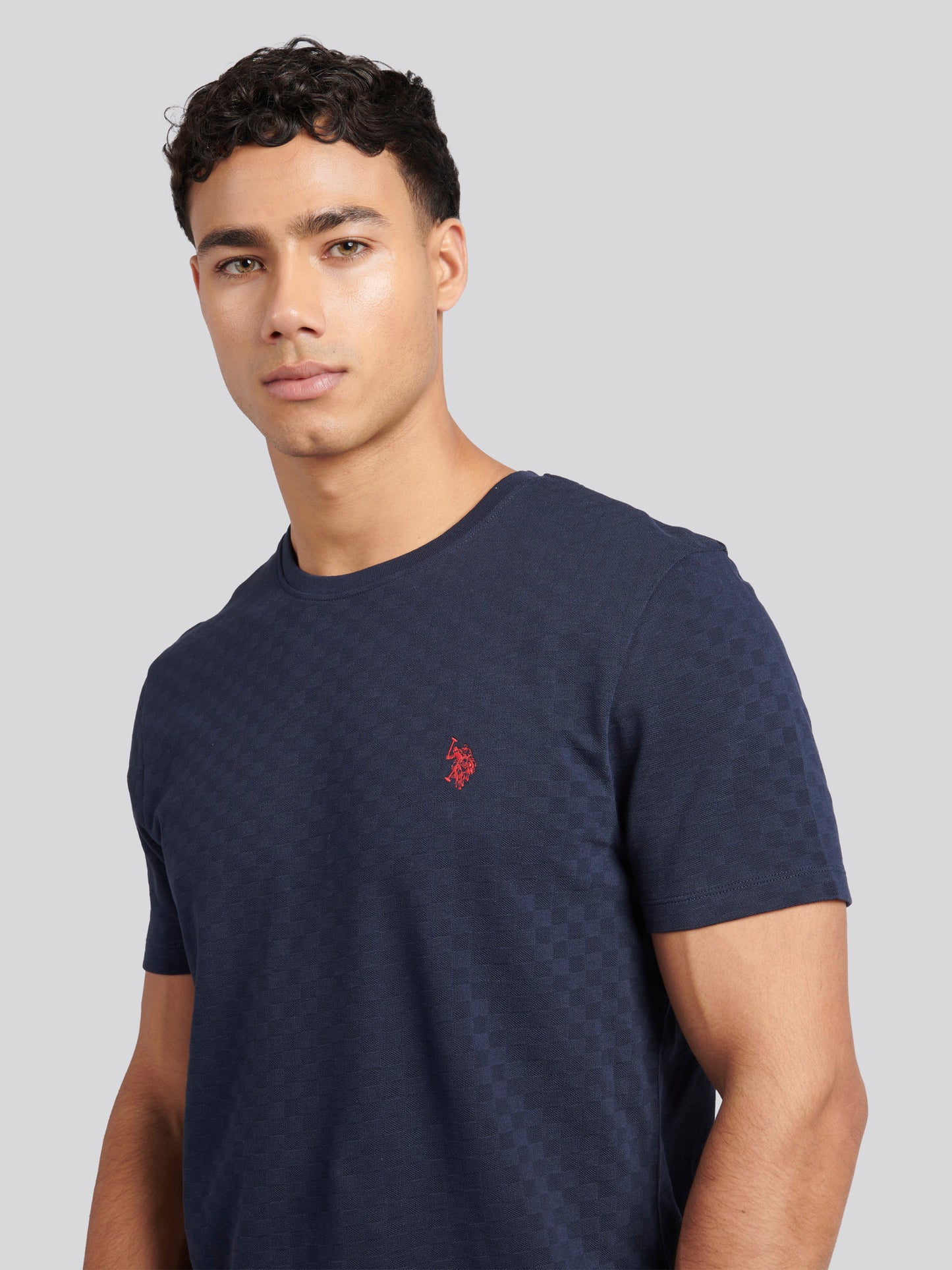 Mens Check Texture T-Shirt in Dark Sapphire Navy / Haute Red DHM