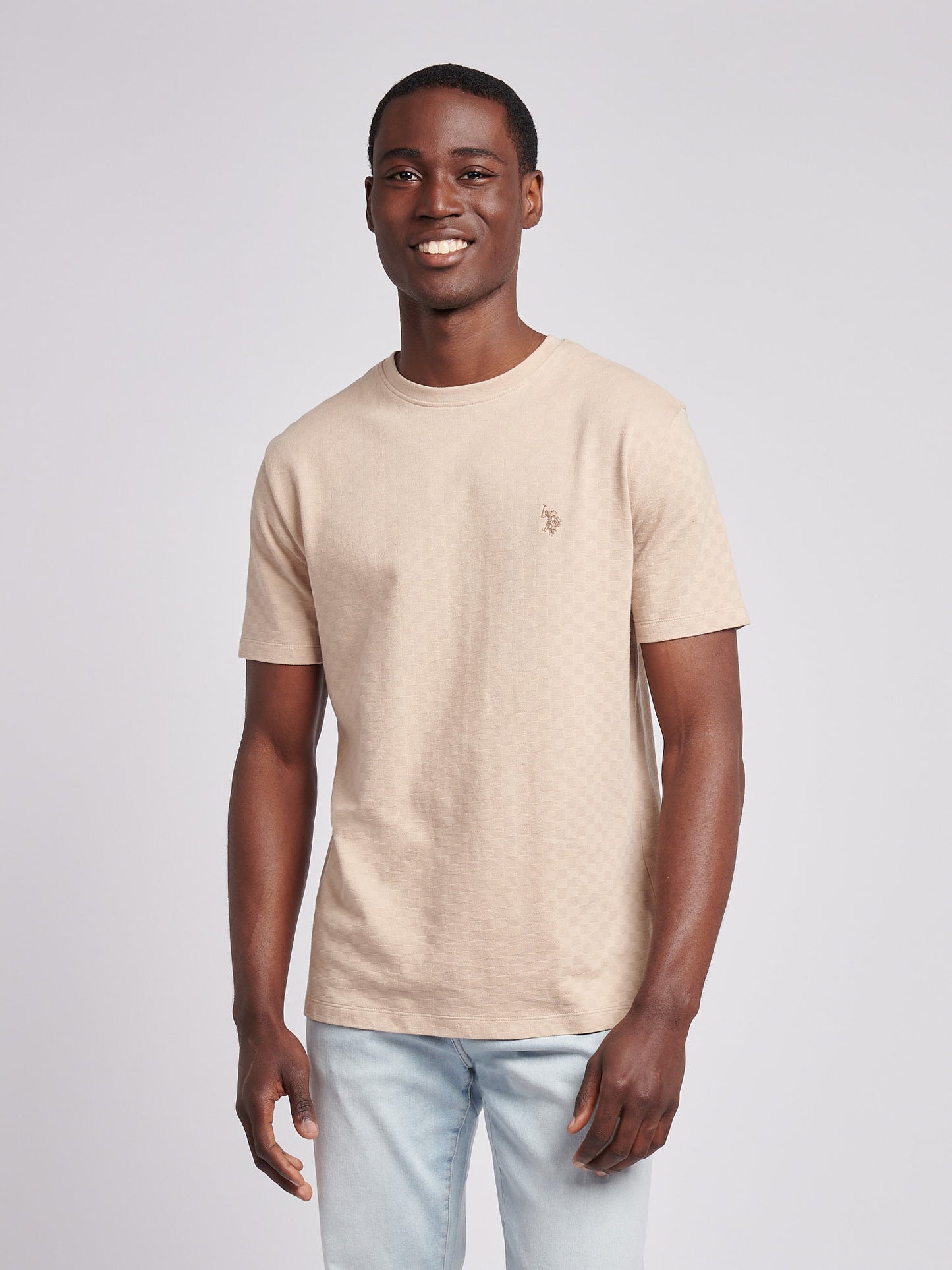 Mens Check Texture T-Shirt in Doeskin