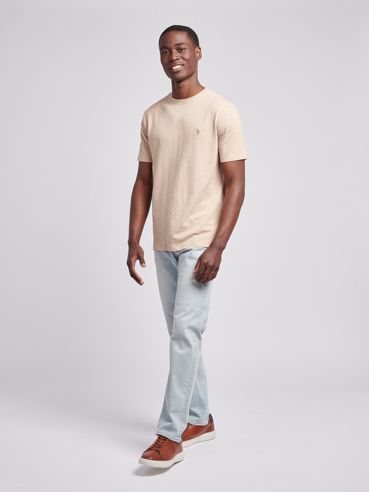 Mens Check Texture T-Shirt in Doeskin