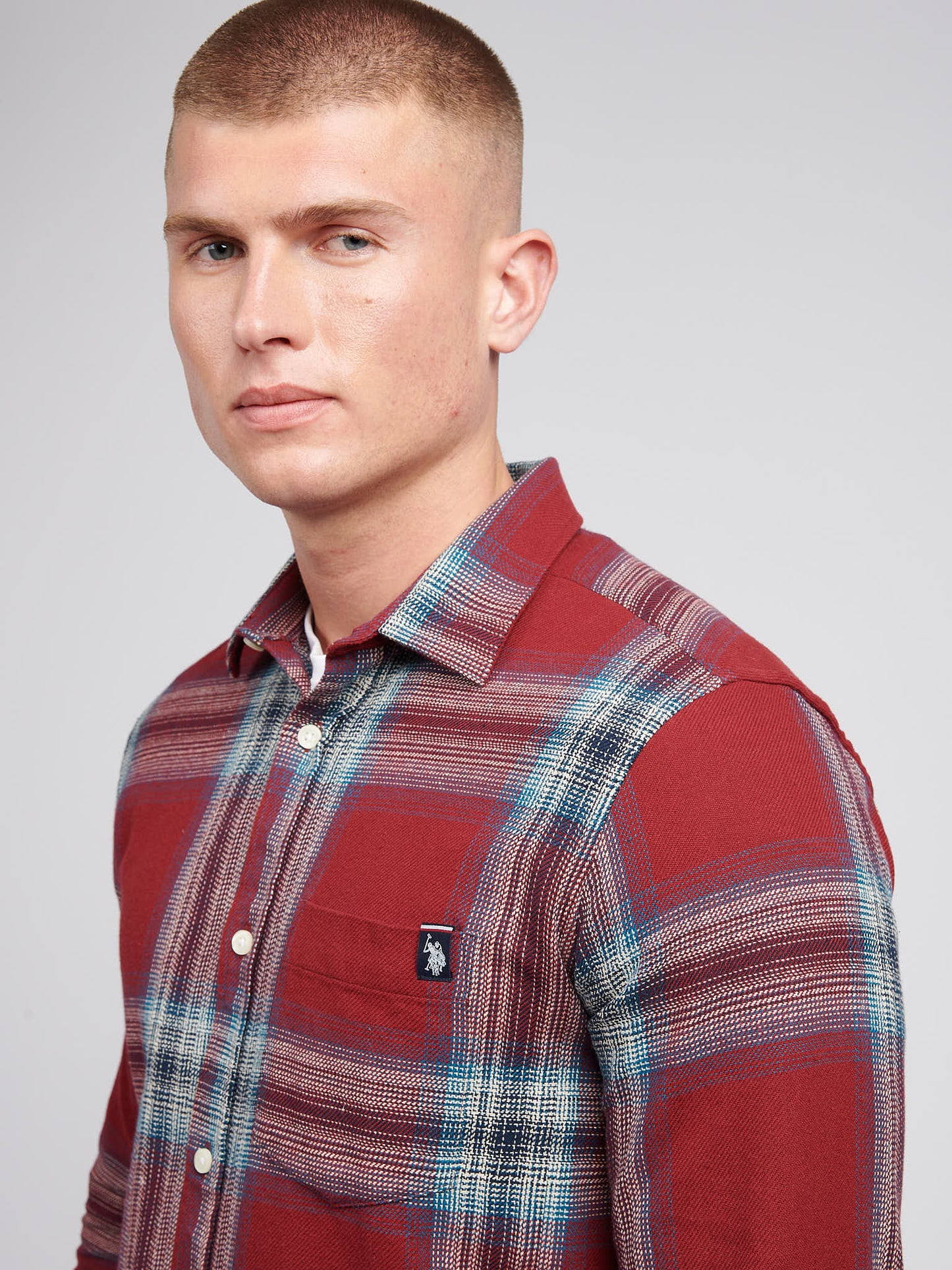 Mens Ombre Check Cotton Shirt in Tibetan Red