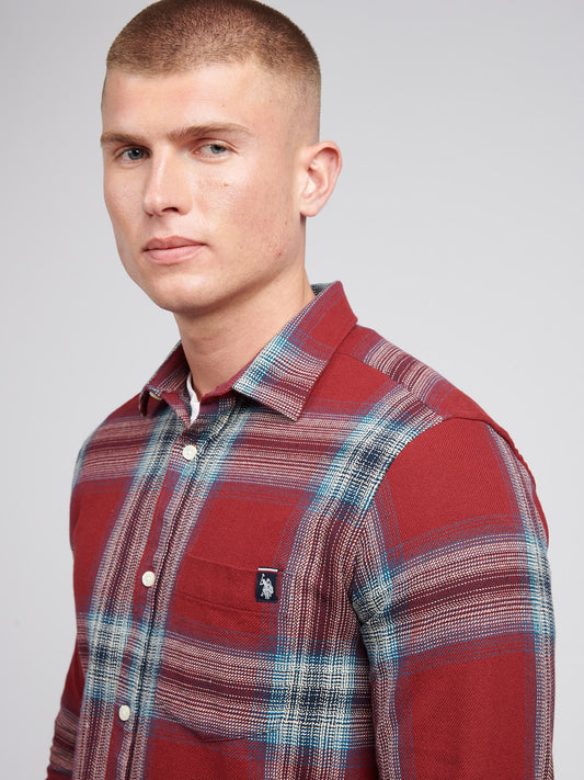 Mens Ombre Check Cotton Shirt in Tibetan Red