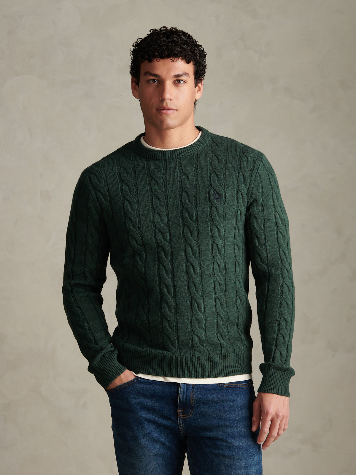 Mens Cable Knit Crew Neck Jumper Green Gables