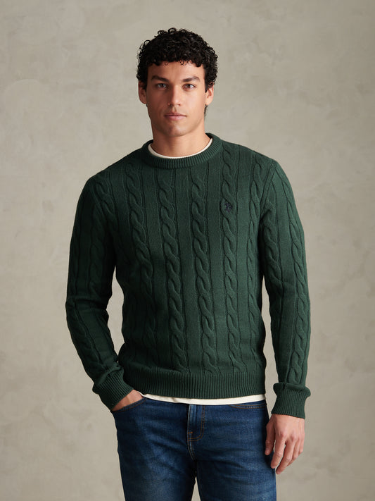 Mens Cable Knit Crew Neck Jumper Green Gables