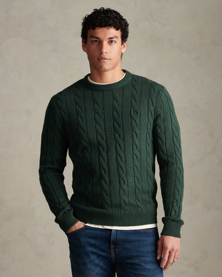 Mens Cable Knit Crew Neck Jumper Green Gables