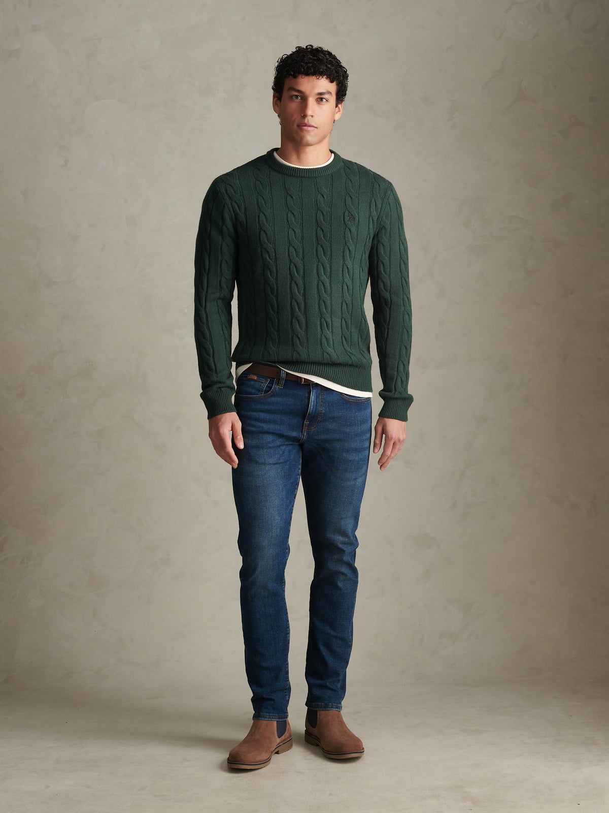 Mens Cable Knit Crew Neck Jumper Green Gables