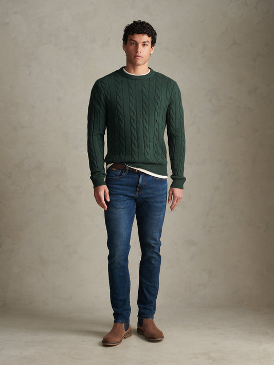 Mens Cable Knit Crew Neck Jumper Green Gables