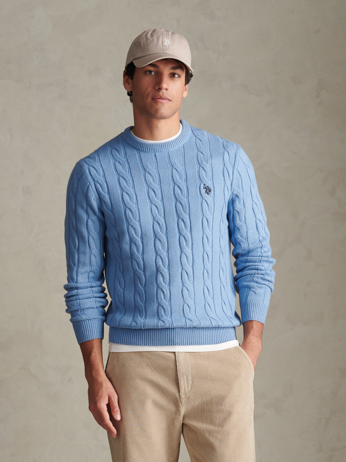 Mens Cable Knit Crew Neck Jumper Ashleigh Blue