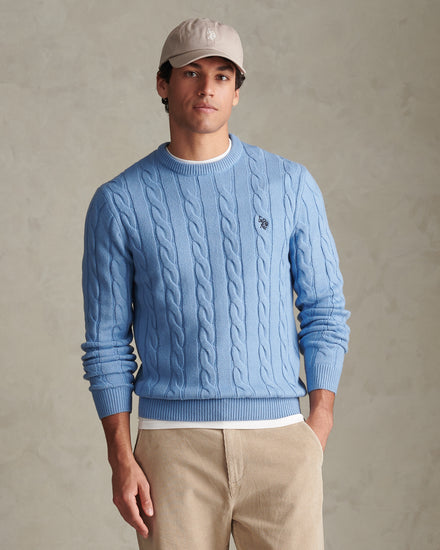 Mens Cable Knit Crew Neck Jumper Ashleigh Blue